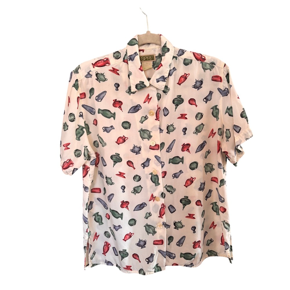 Novelty Postmodern Esprit Pottery Print Vase Shirt S Vintage